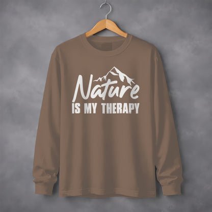 Nature Is My Therapy Mountain Graphic Text Long Sleeve T-Shirt Long Sleeve Tee - Outdoor & Adventure Collection - Mile Marker 16 Gear by Cloud 16 Clothing Co.