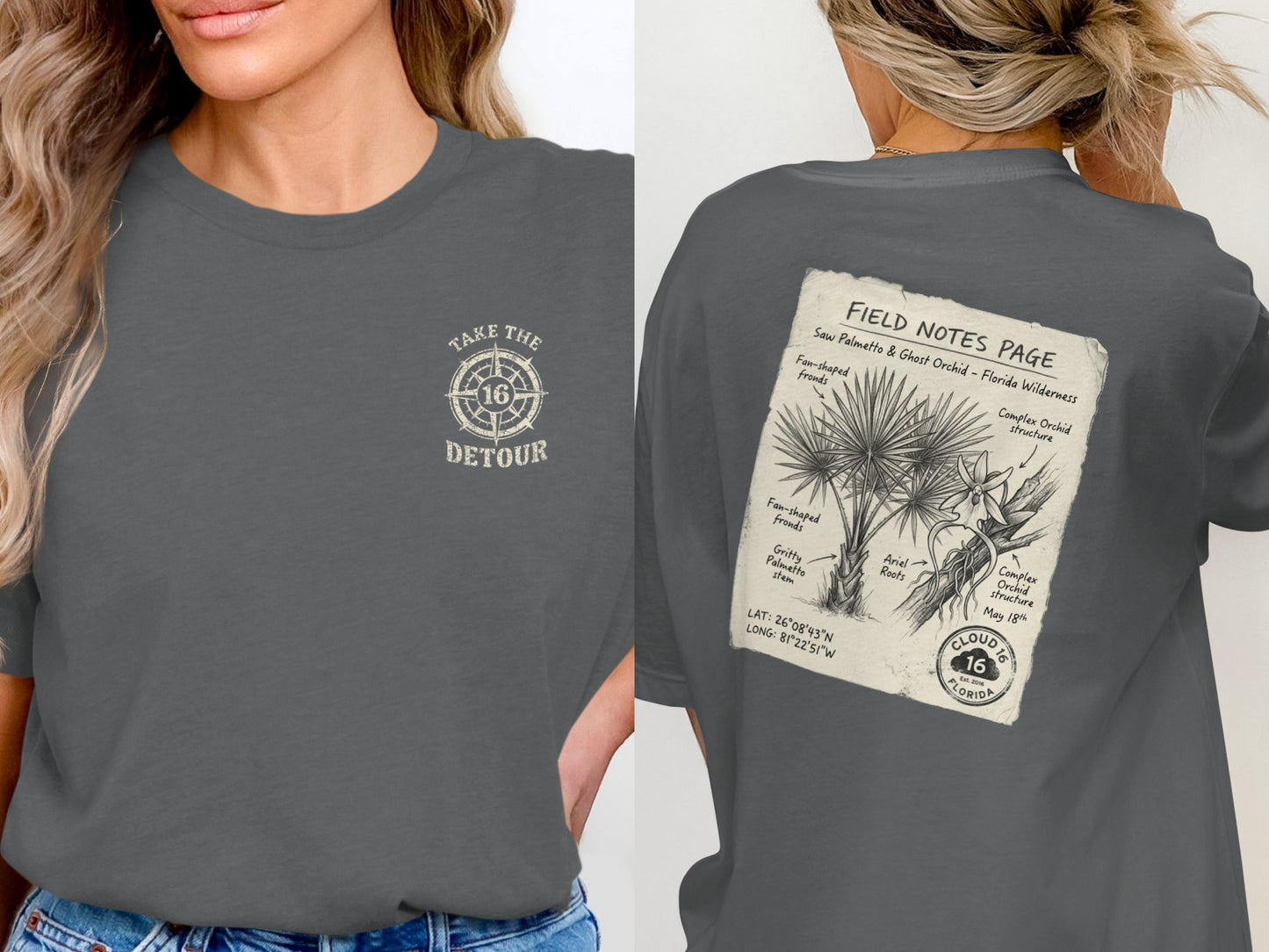 Charcoal t-shirt with "Take the Detour" logo and "Field Notes Page" graphic.