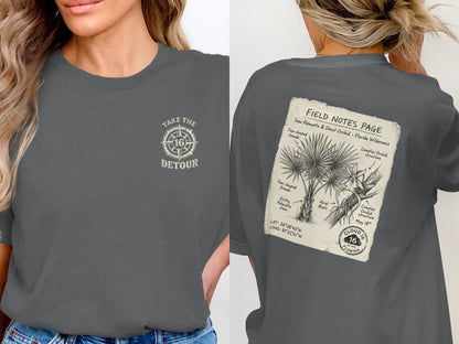 Charcoal t-shirt with "Take the Detour" logo and "Field Notes Page" graphic.