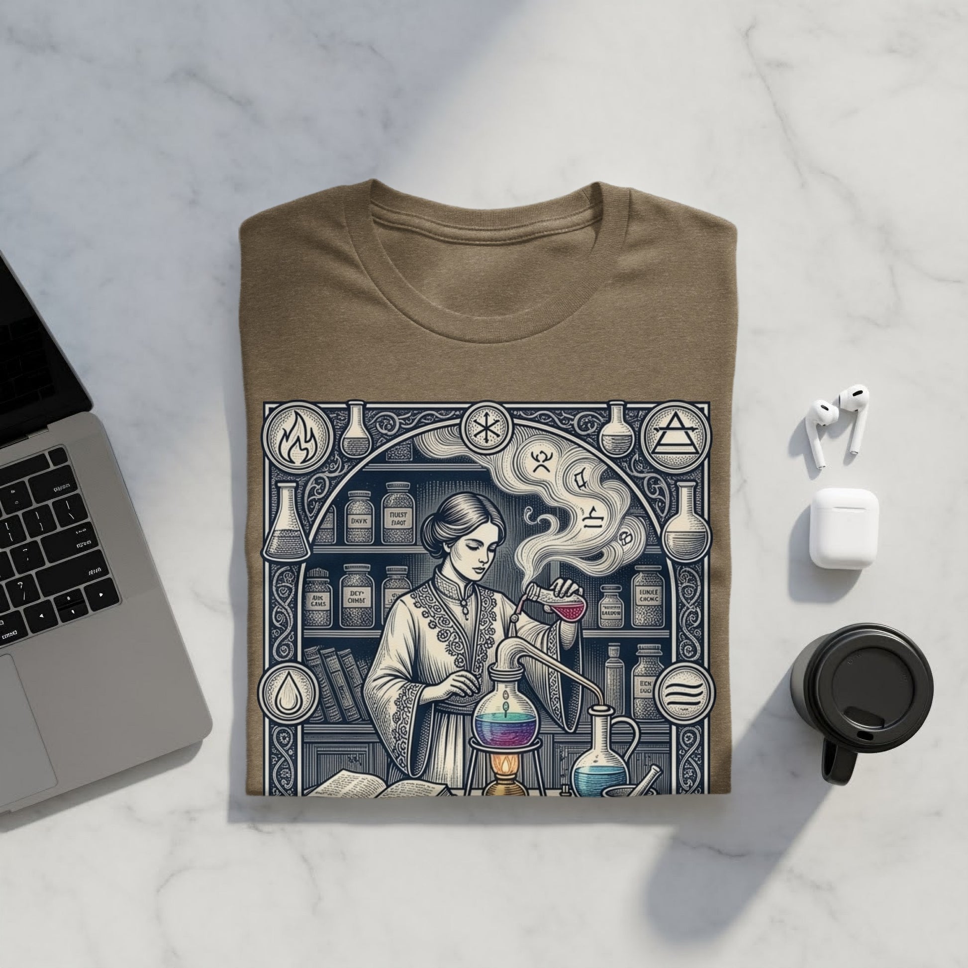 T-shirt with alchemist illustration, scientific equipment, and ornate border.