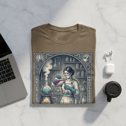T-shirt with a scientific illustration of a chemist in a lab pouring liquid.