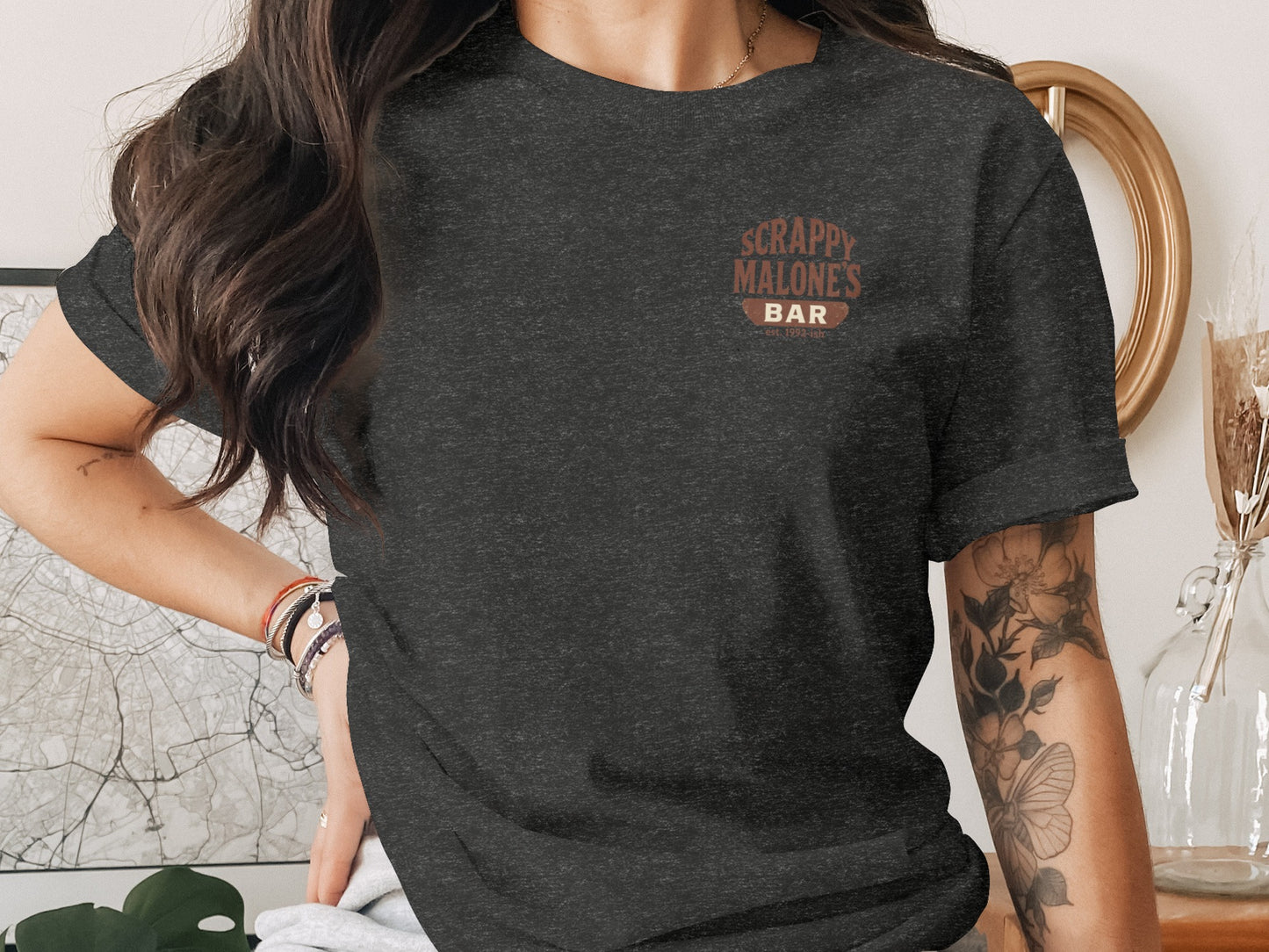 Dark gray t-shirt with "SCRAPPY MALONE'S BAR" logo.