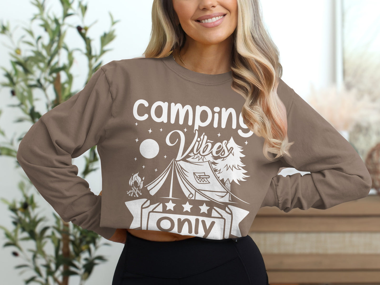 Camping Vibes Stars Only With Tent Graphic Long Sleeve T-Shirt Long Sleeve Tee - Outdoor & Adventure Collection - Mile Marker 16 Gear by Cloud 16 Clothing Co.