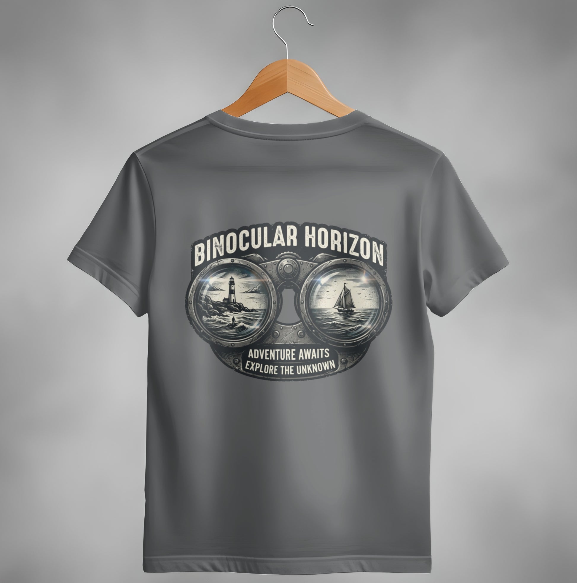 Binocular Horizon t-shirt with lighthouse and sailboat reflected in binoculars.