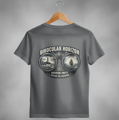Binocular Horizon t-shirt with lighthouse and sailboat reflected in binoculars.