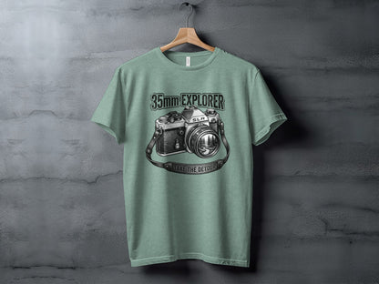 35mm Explorer Detour | Vintage Outdoor Apparel: Green t-shirt with vintage camera graphic and "35mm EXPLORER TAKE THE DETOUR" text.