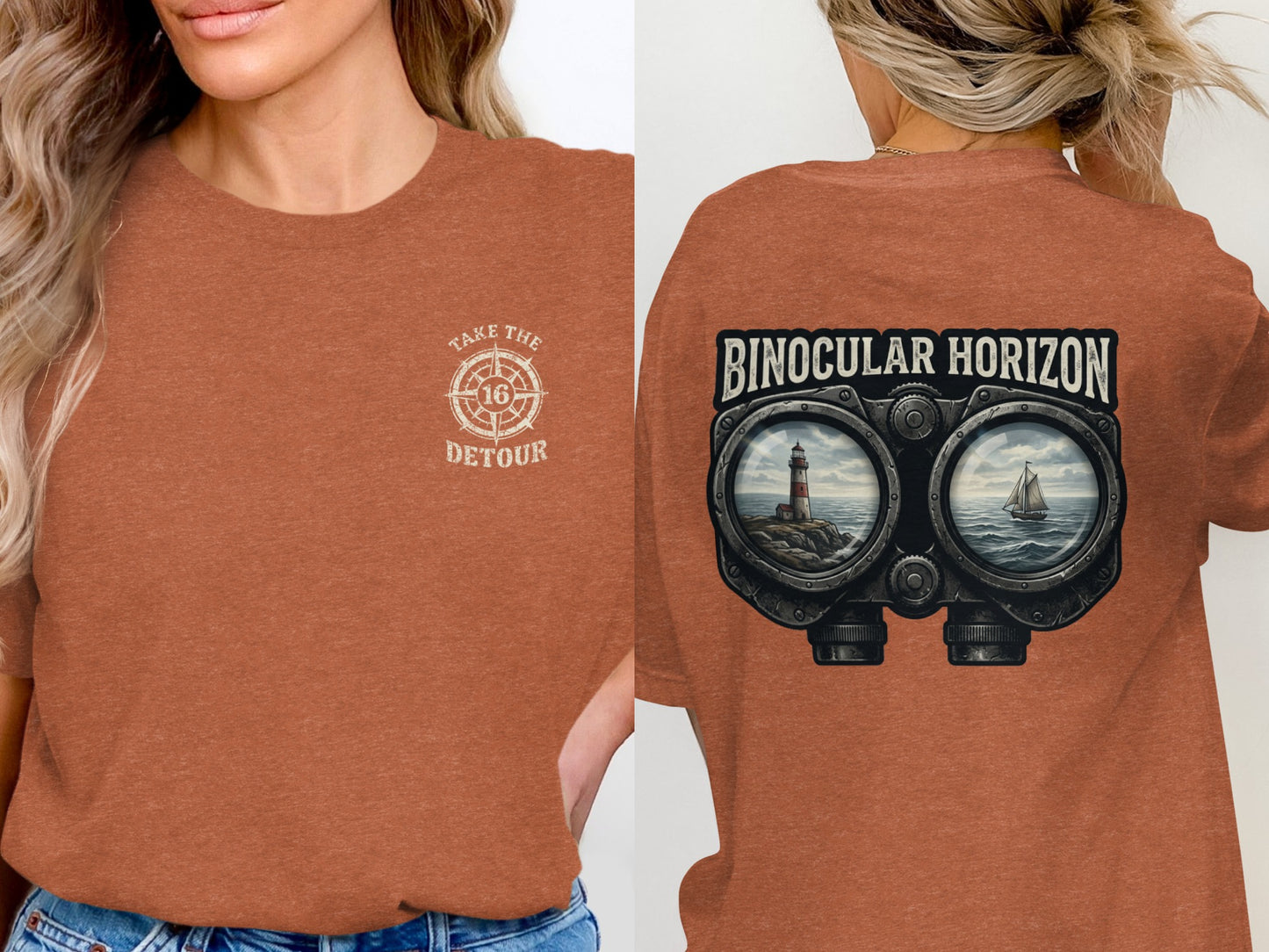 Two t-shirts, one with a compass graphic and text, the other with binoculars and text.