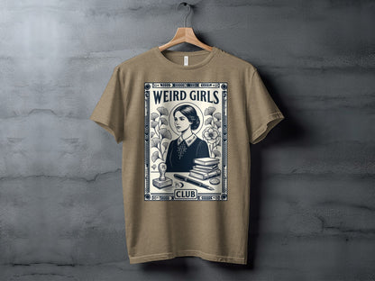 T-shirt featuring "Weird Girls Club" text and a vintage illustration of a woman with books.