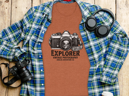 The Analog Explorer's Detour: Backcountry Outpost Shirt: T-shirt with vintage camera graphic and text "Explorer Vintage Photography".
