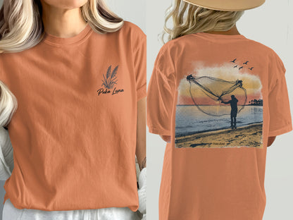 Orange t-shirt with wheat graphic and text on front, fisherman casting net on beach graphic on back.