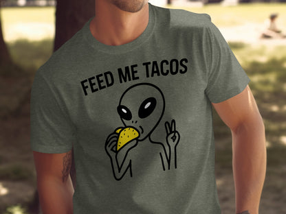 Feed Me Tacos Alien Peace Gesture Graphic Shirt