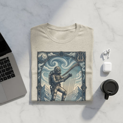 Astronaut playing a harp in a mountainous landscape framed by ornate scrollwork.