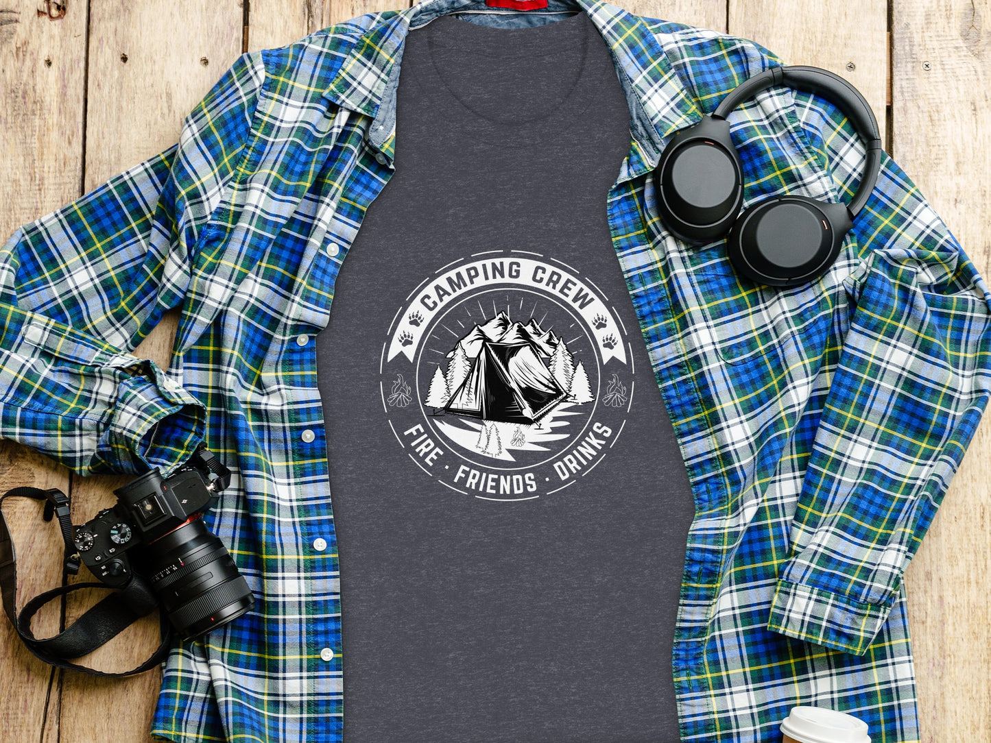 Camping Crew Friends Drinks Fire Tent Mountain Scene T-Shirt T-Shirt - Outdoor & Adventure Collection - Mile Marker 16 Gear by Cloud 16 Clothing Co.