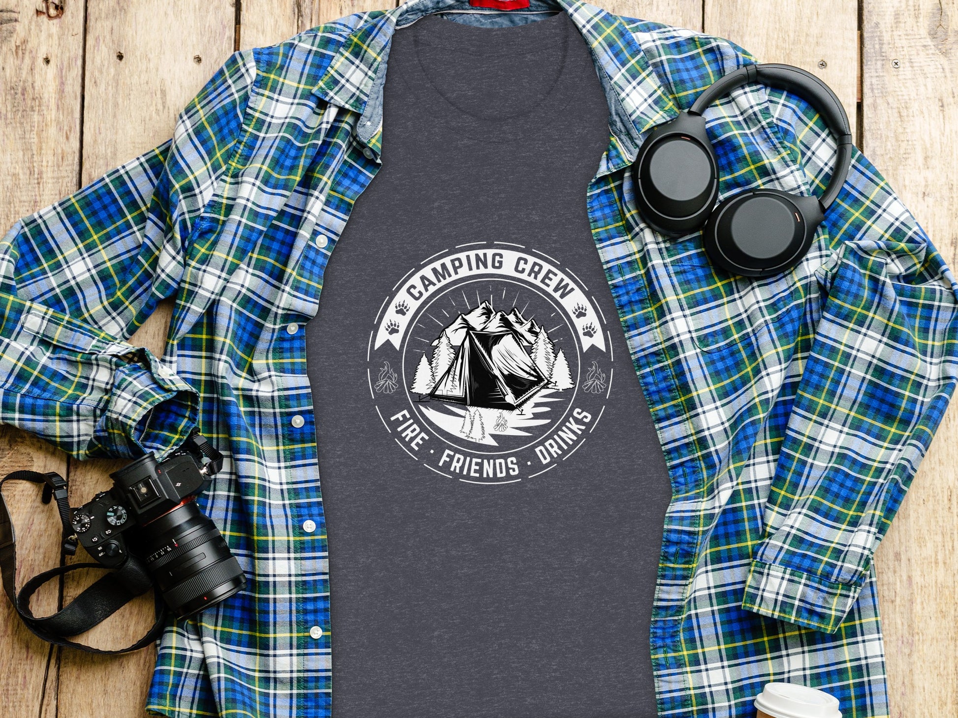 Camping Crew Friends Drinks Fire Tent Mountain Scene T-Shirt T-Shirt - Outdoor & Adventure Collection - Mile Marker 16 Gear by Cloud 16 Clothing Co.