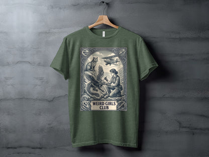 T-shirt graphic: Woman with eagle and biplane, "Weird Girls Club" text.