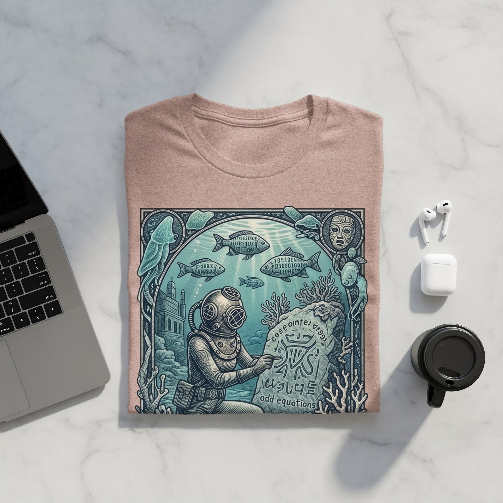 Diver in a detailed underwater scene with sea life and a tablet displaying code.