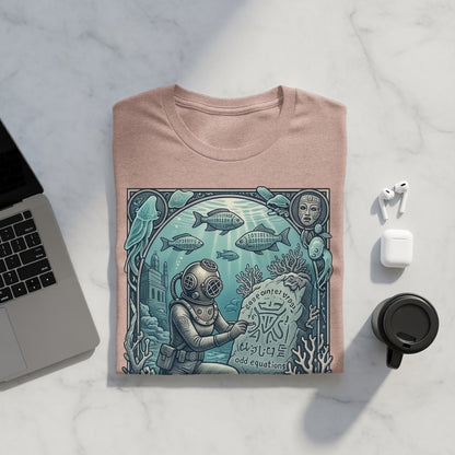 Diver in a detailed underwater scene with sea life and a tablet displaying code.
