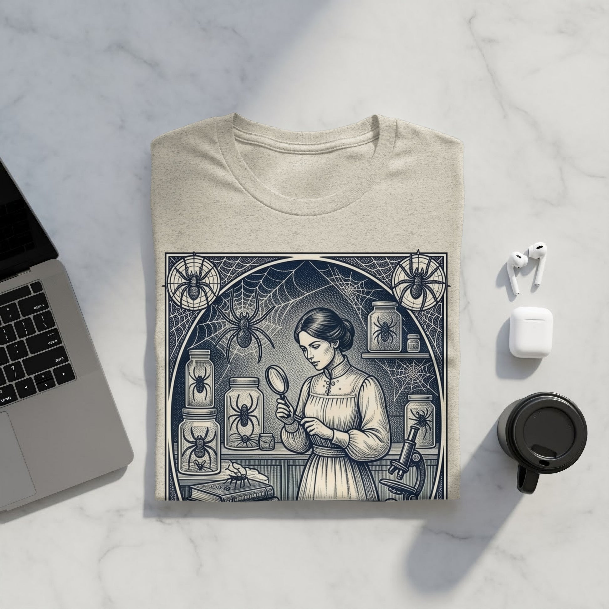 Woman examining spiders in jars with a magnifying glass, on a t-shirt.