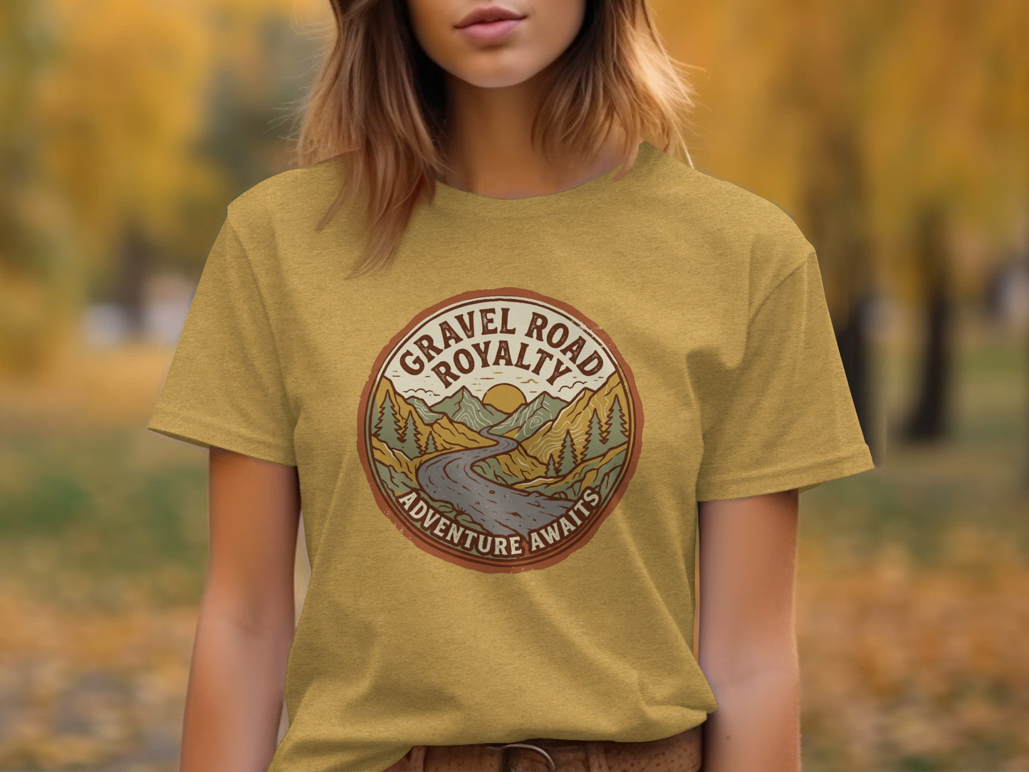 Gravel Road Royalty Vintage Adventure Tee: Backcountry Outpost Shirt: T-shirt graphic: Gravel Road Royalty Adventure Awaits circular logo.