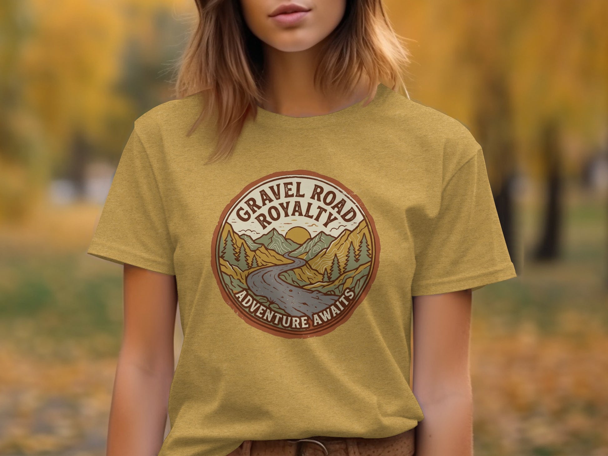 Gravel Road Royalty Vintage Adventure Tee: Backcountry Outpost Shirt: T-shirt graphic: Gravel Road Royalty Adventure Awaits circular logo.