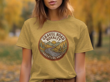 Gravel Road Royalty Vintage Adventure Tee: Backcountry Outpost Shirt: T-shirt graphic: Gravel Road Royalty Adventure Awaits circular logo.