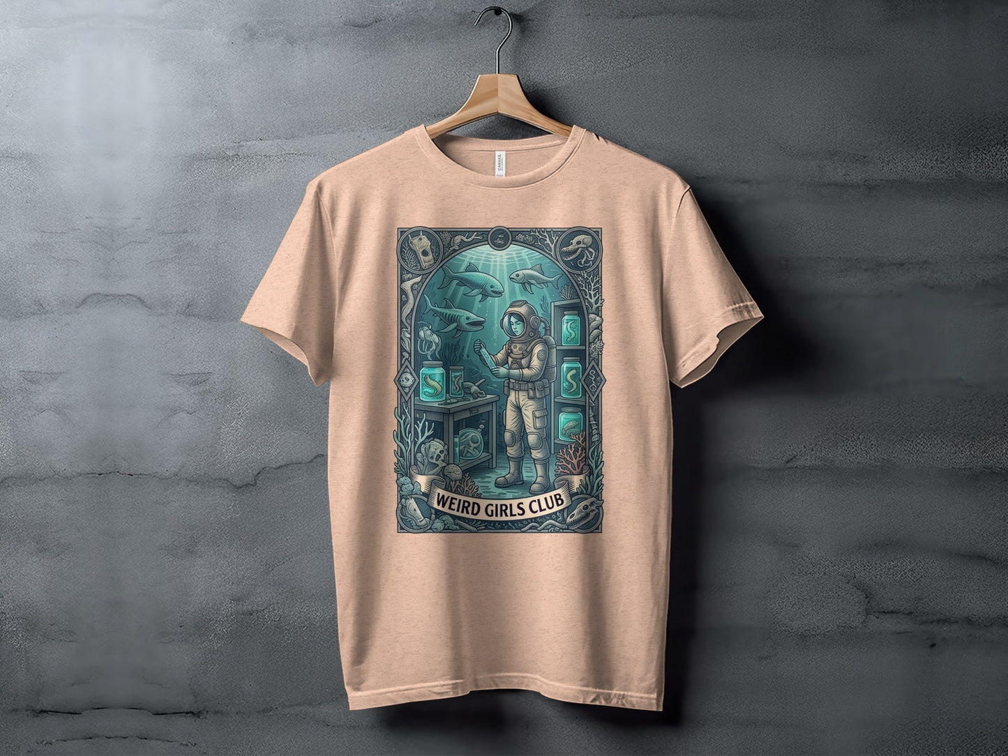 T-shirt featuring a vintage-style illustration of an astronaut in a diving suit with marine life.