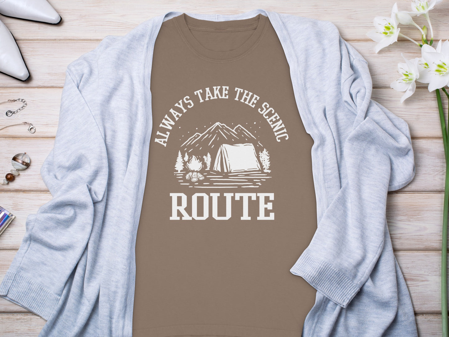 Always Take The Scenic Route Camping Adventure Long Sleeve T-Shirt Long Sleeve Tee - Outdoor & Adventure Collection - Mile Marker 16 Gear by Cloud 16 Clothing Co.