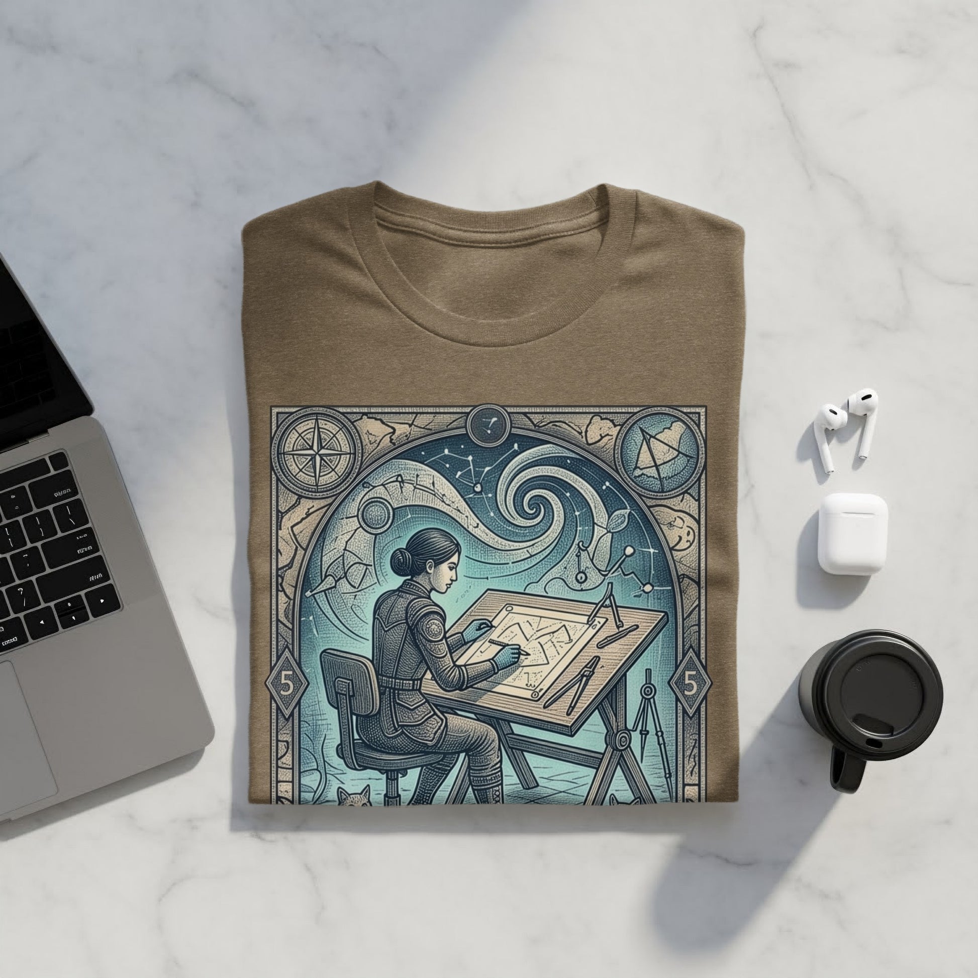 T-shirt featuring a woman drawing at a drafting table with celestial motifs.