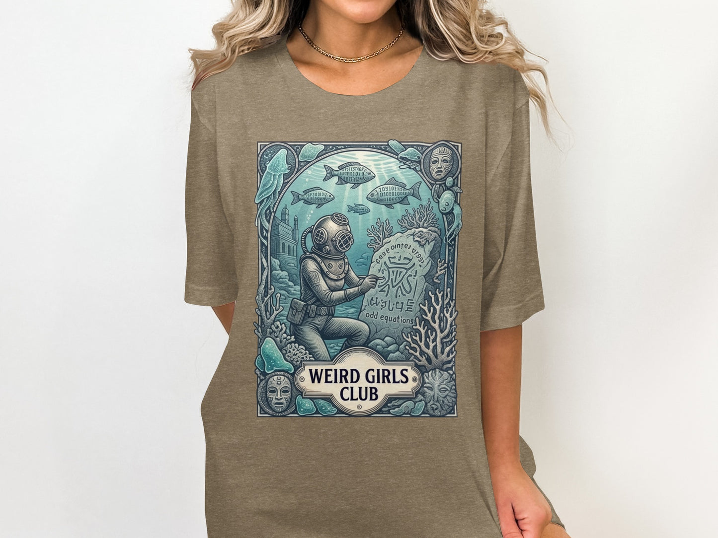 Diver exploring underwater ruins with "Weird Girls Club" text.