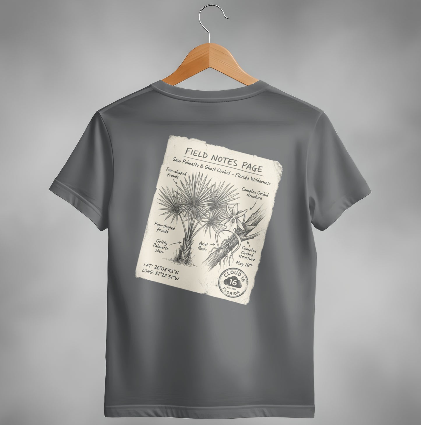 T-shirt graphic: Field notes page with Saw Palmetto and Ghost Orchid sketch.