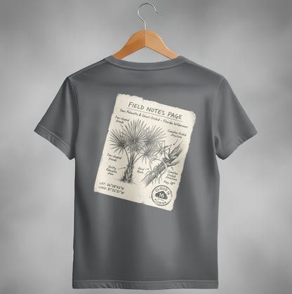 T-shirt graphic: Field notes page with Saw Palmetto and Ghost Orchid sketch.