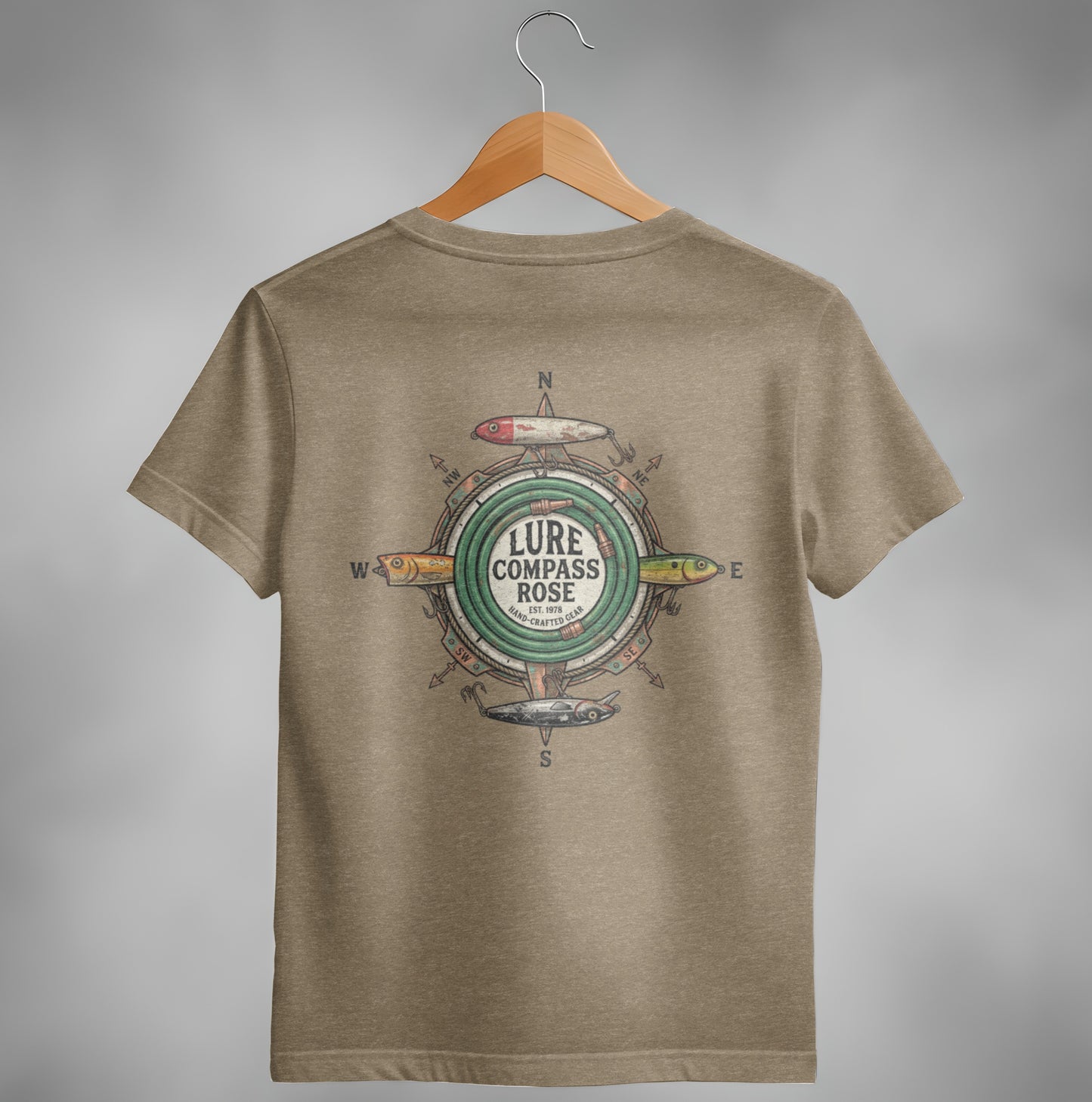 T-shirt back with compass rose logo featuring fishing lures and "Lure Compass Rose" text.