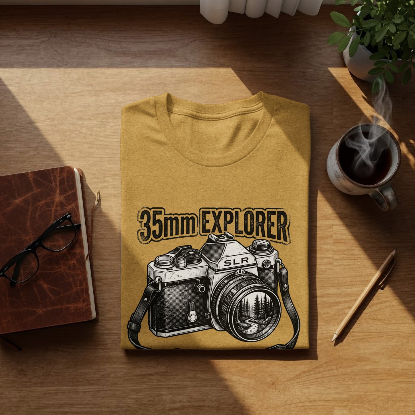 35mm Explorer Detour | Vintage Outdoor Apparel: Yellow t-shirt with 35mm Explorer SLR camera graphic, notebook, glasses, and coffee.