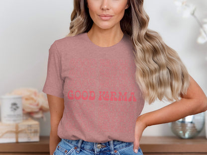 Graphic Tee with Repeated Good Karma Design Shirt