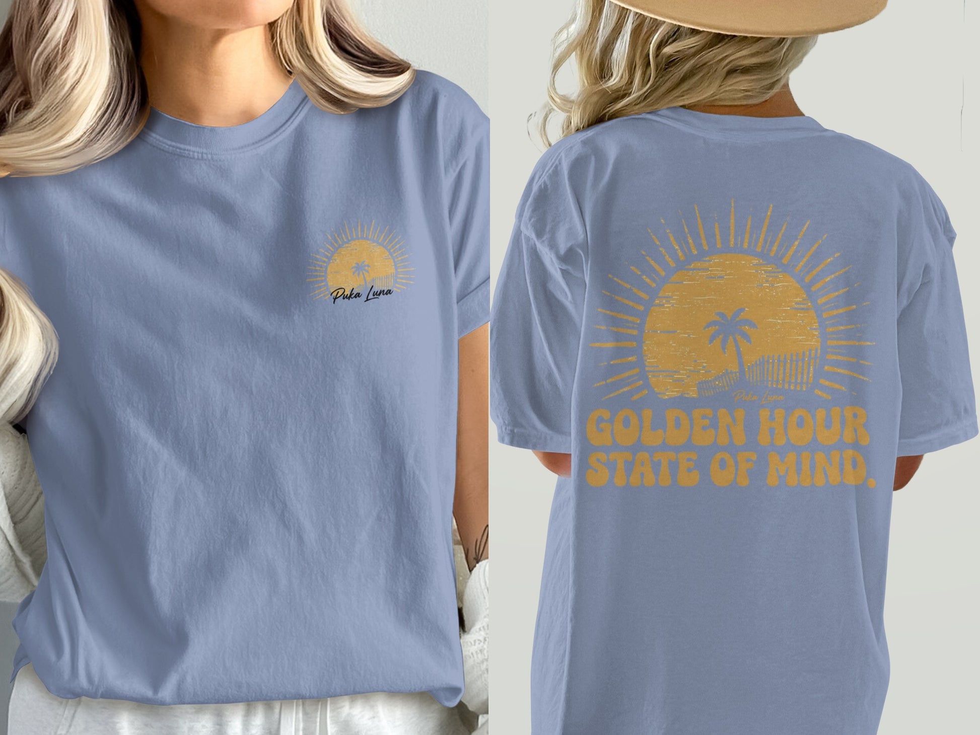 Periwinkle t-shirt with sun and palm trees graphic and text.