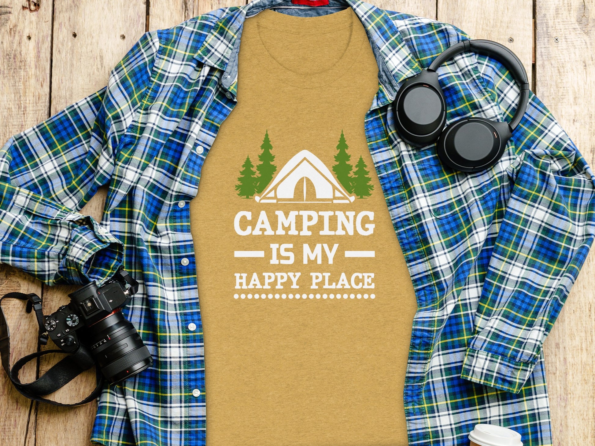 Camping Is My Happy Place Tent And Trees Graphic T-Shirt T-Shirt - Outdoor & Adventure Collection - Mile Marker 16 Gear by Cloud 16 Clothing Co.