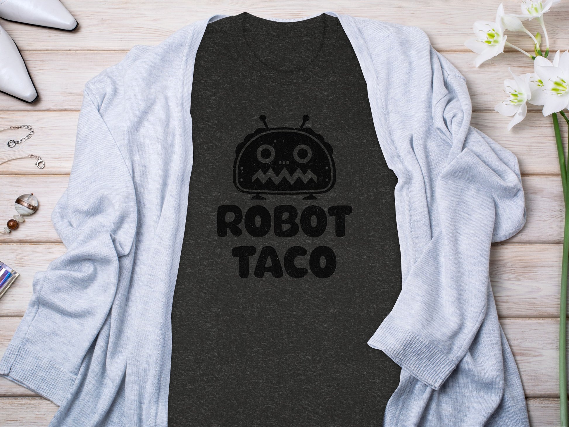 Cool Robot Taco Design on Trendy Black T-shirt