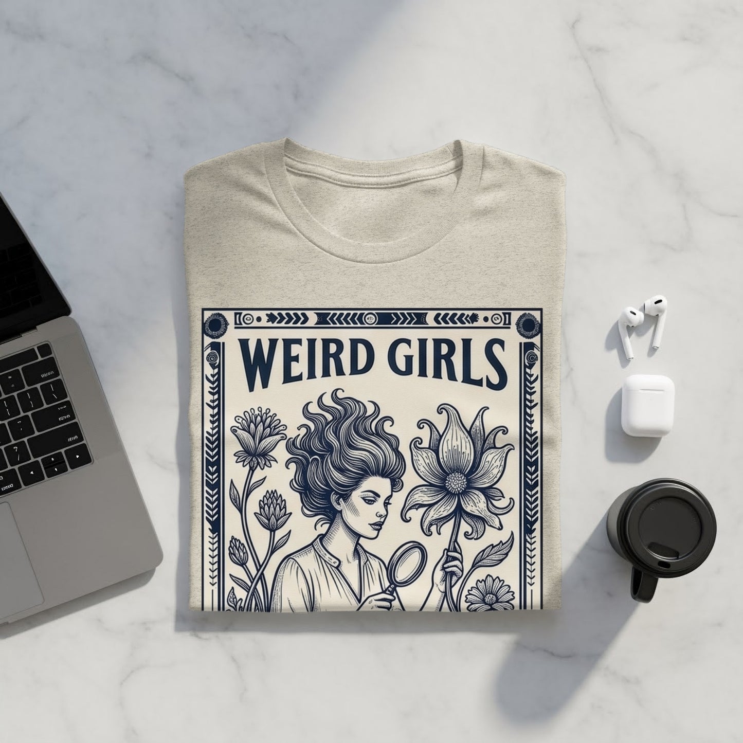 T-shirt with "WEIRD GIRLS" text and a woman holding a magnifying glass.