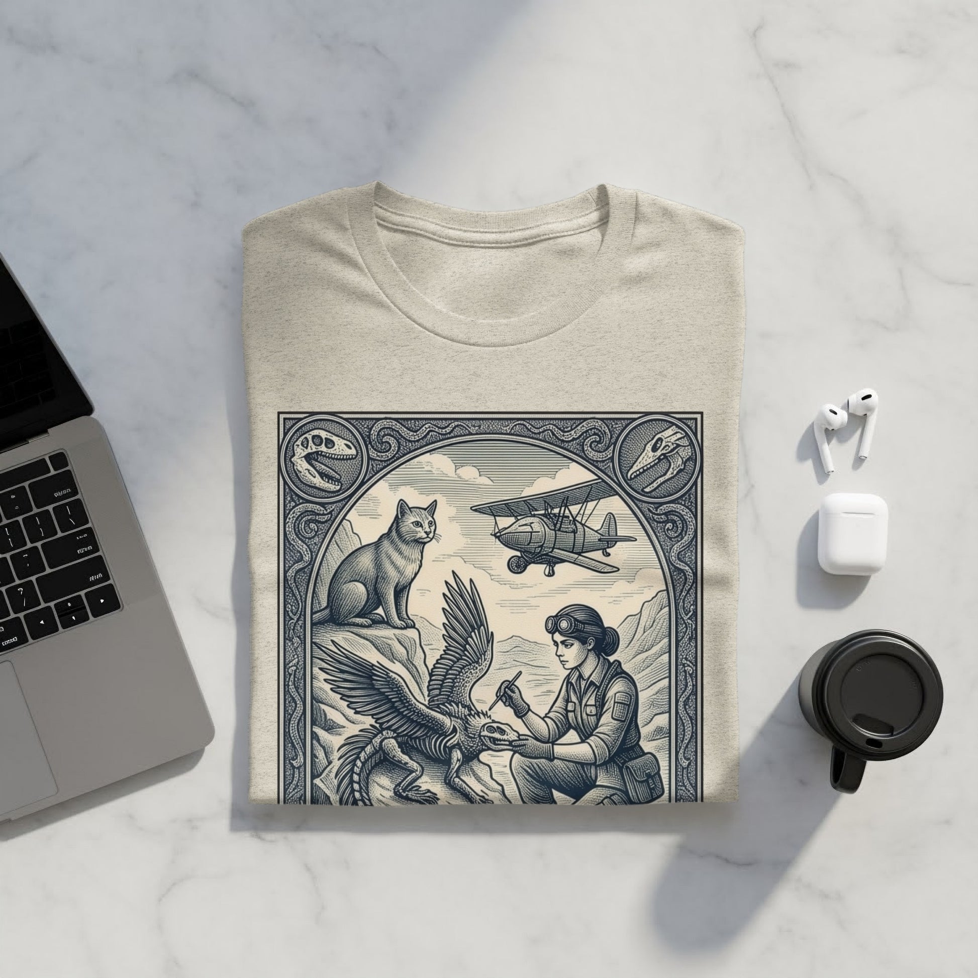 T-shirt with vintage illustration of paleontologist and dinosaur skeleton next to cat and airplane.