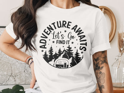 Adventure Awaits Let's Go Find It Silhouette Camper T-Shirt T-Shirt - Outdoor & Adventure Collection - Mile Marker 16 Gear by Cloud 16 Clothing Co.