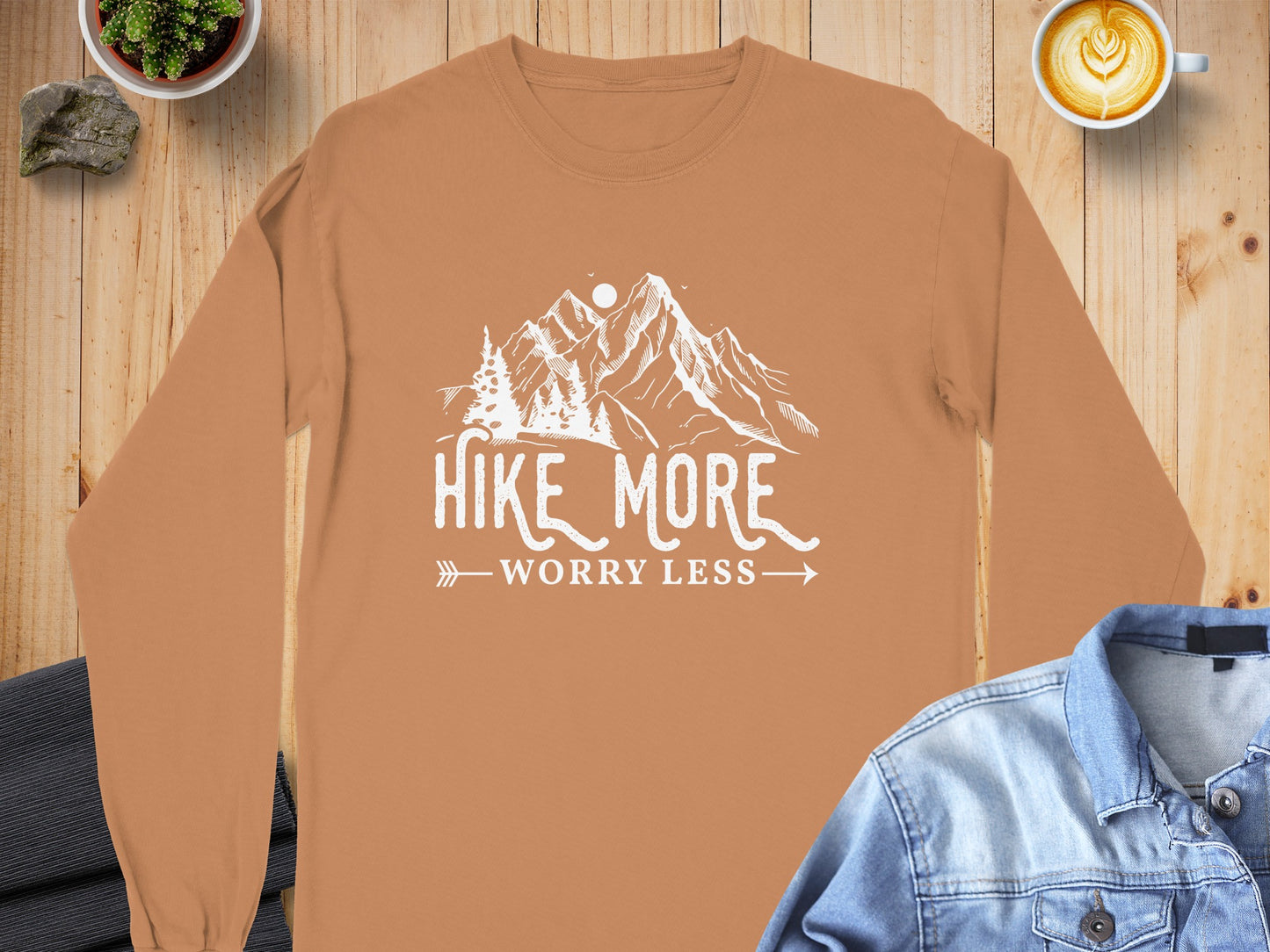 Hike More Worry Less Mountain Design Funny Outdoor Long Sleeve T-Shirt Long Sleeve Tee - Outdoor & Adventure Collection - Mile Marker 16 Gear by Cloud 16 Clothing Co.