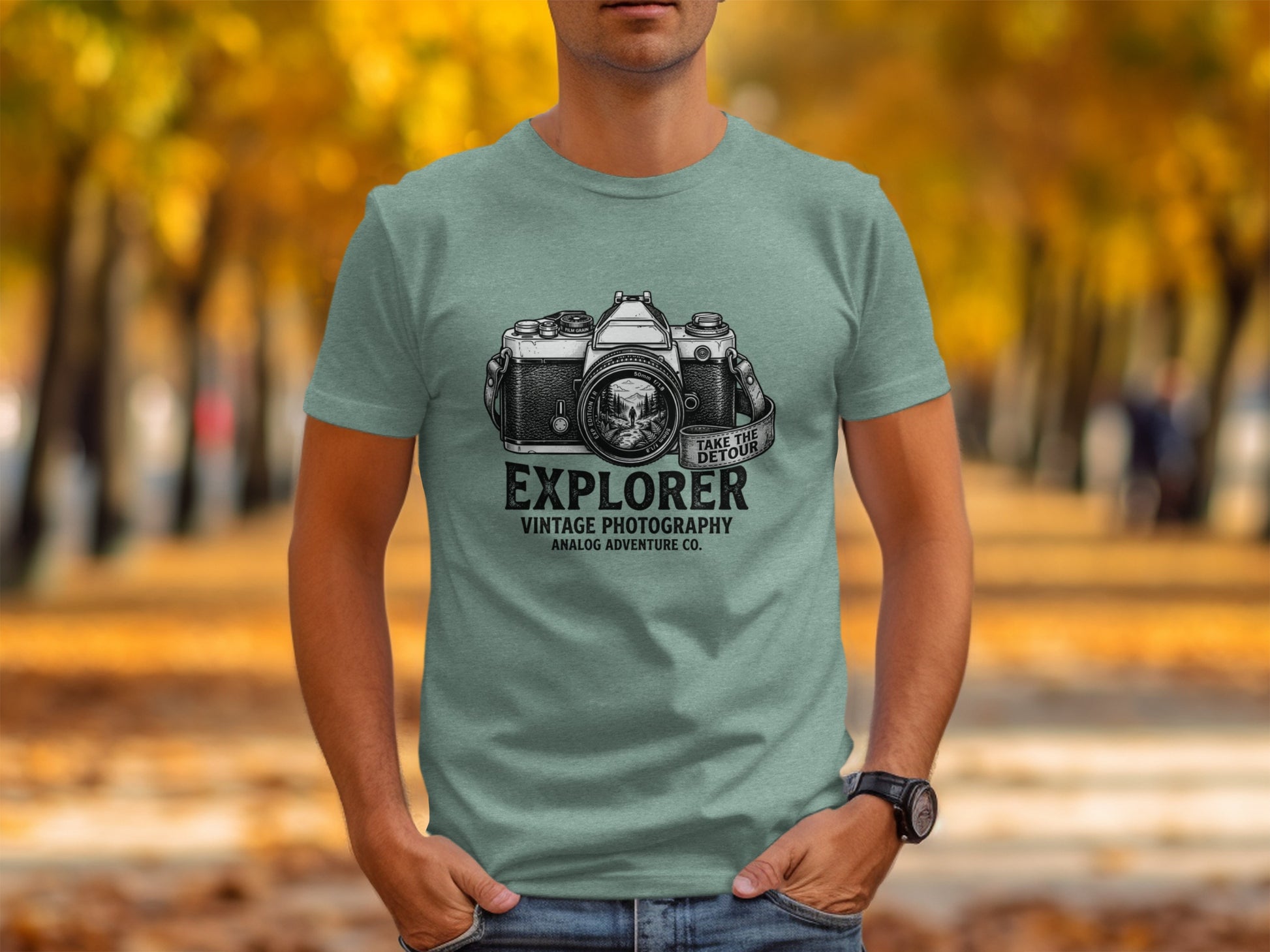 The Analog Explorer's Detour: Backcountry Outpost Shirt: Gray t-shirt with vintage camera graphic and text "EXPLORER VINTAGE PHOTOGRAPHY ANALOG ADVENTURE CO."
