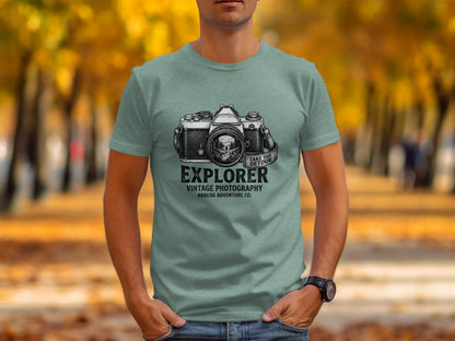 The Analog Explorer's Detour: Backcountry Outpost Shirt: Gray t-shirt with vintage camera graphic and text "EXPLORER VINTAGE PHOTOGRAPHY ANALOG ADVENTURE CO."