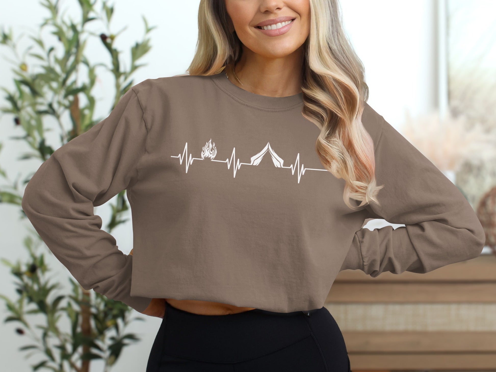 Camping Fire Tent Heartbeat Outdoor Adventure Long Sleeve T-Shirt Long Sleeve Tee - Outdoor & Adventure Collection - Mile Marker 16 Gear by Cloud 16 Clothing Co.
