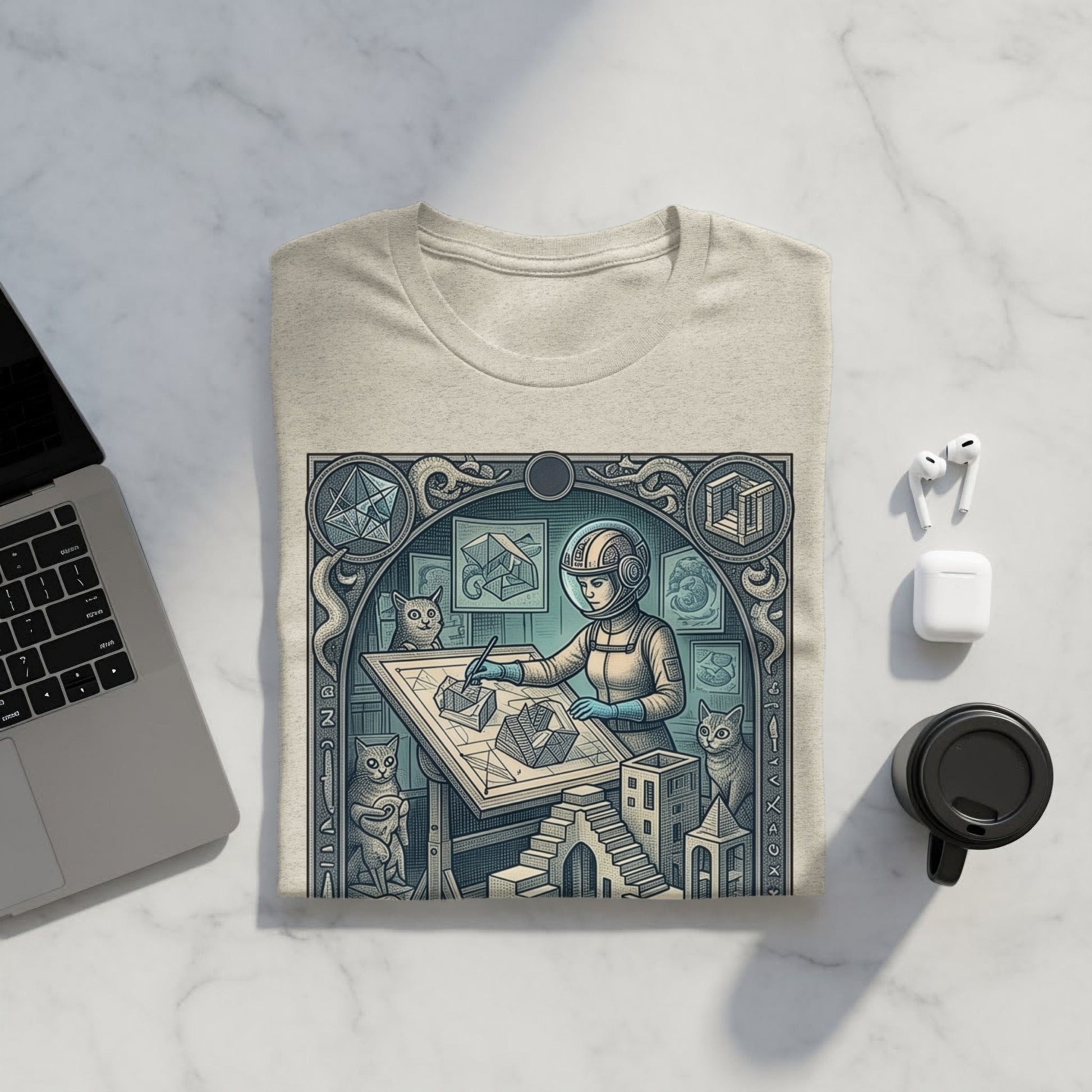 Astronaut drawing geometric designs with cats and architectural elements.