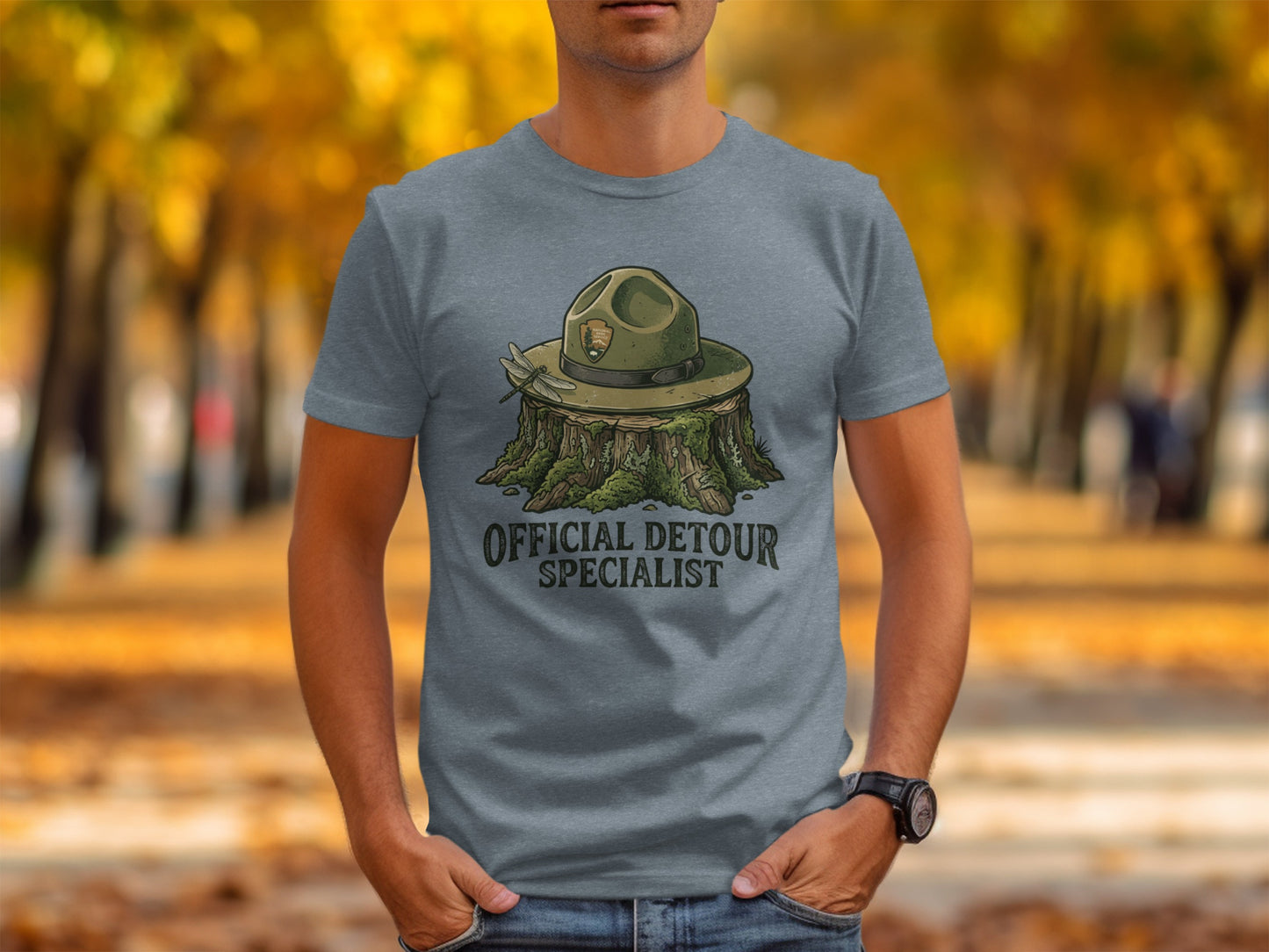 Official Detour Specialist Heritage | Vintage Outdoor Apparel: Gray t-shirt with a park ranger hat and "Official Detour Specialist" text.