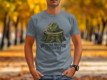 Official Detour Specialist Heritage | Vintage Outdoor Apparel: Gray t-shirt with a park ranger hat and "Official Detour Specialist" text.