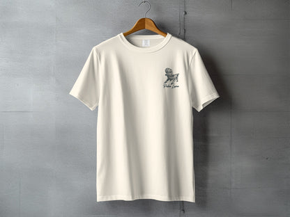 Cream t-shirt with Palm Luna logo and Adirondack chair design on chest.