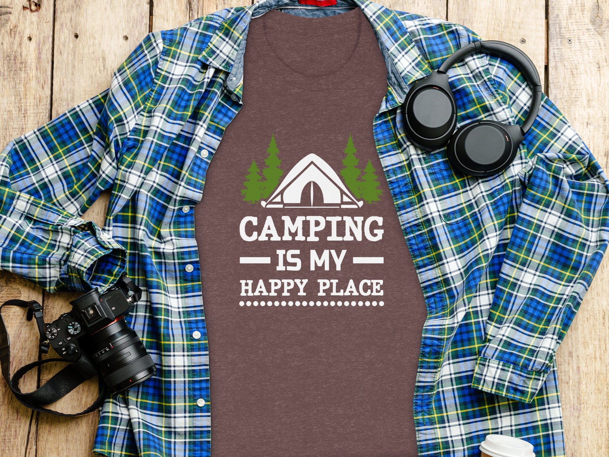 Camping Is My Happy Place Tent And Trees Graphic T-Shirt T-Shirt - Outdoor & Adventure Collection - Mile Marker 16 Gear by Cloud 16 Clothing Co.