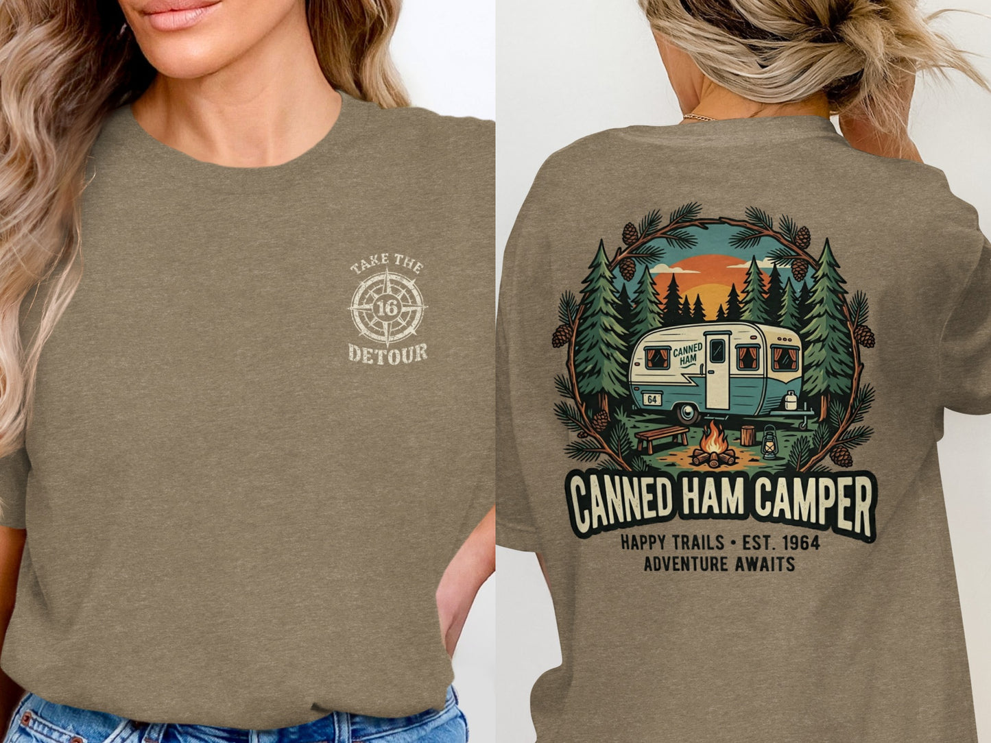 T-shirt with "Canned Ham Camper" graphic and "Take the Detour" slogan.